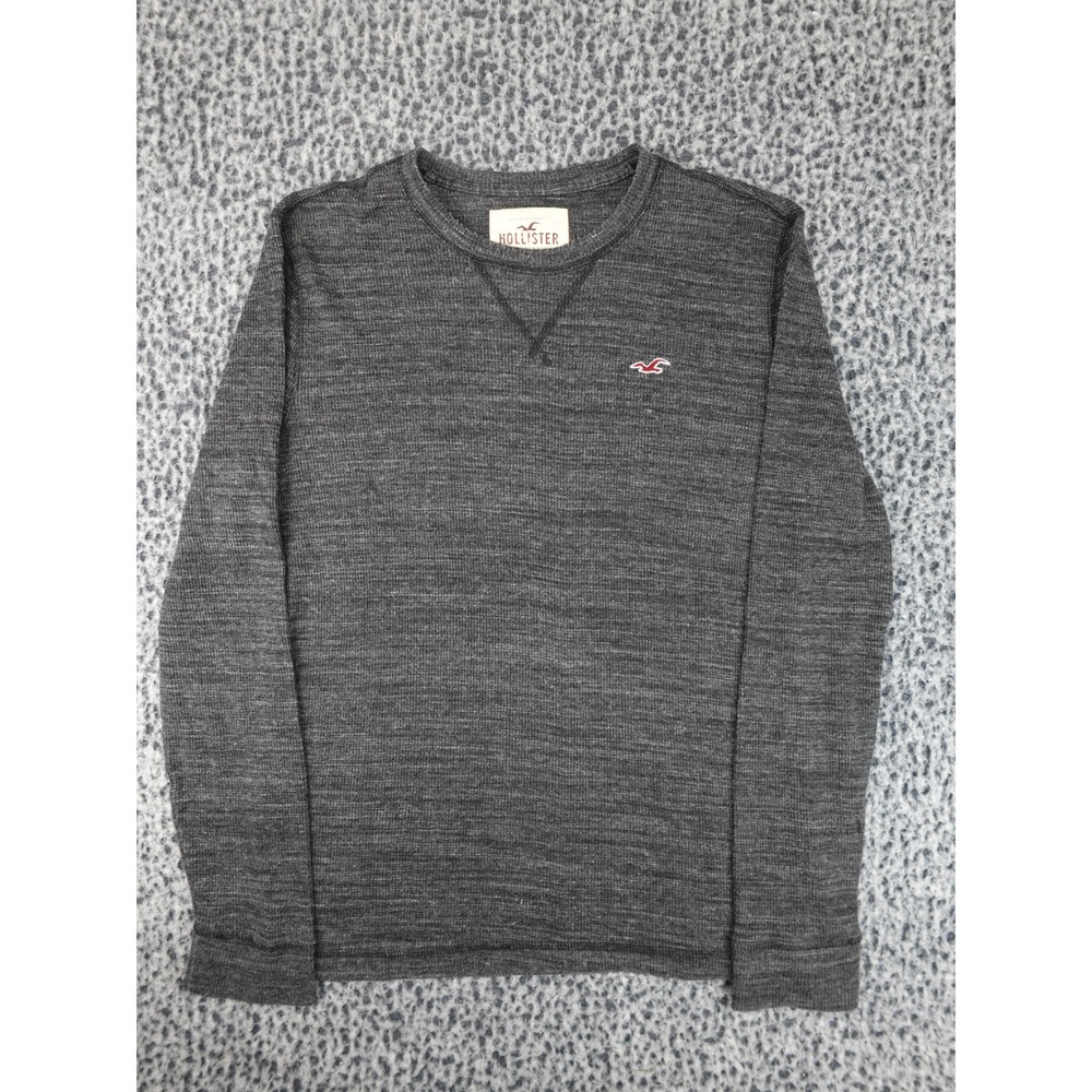 Hollister Thermal Shirt Mens Small Grey Long Sleeve Waffle Knit Crew Neck Logo